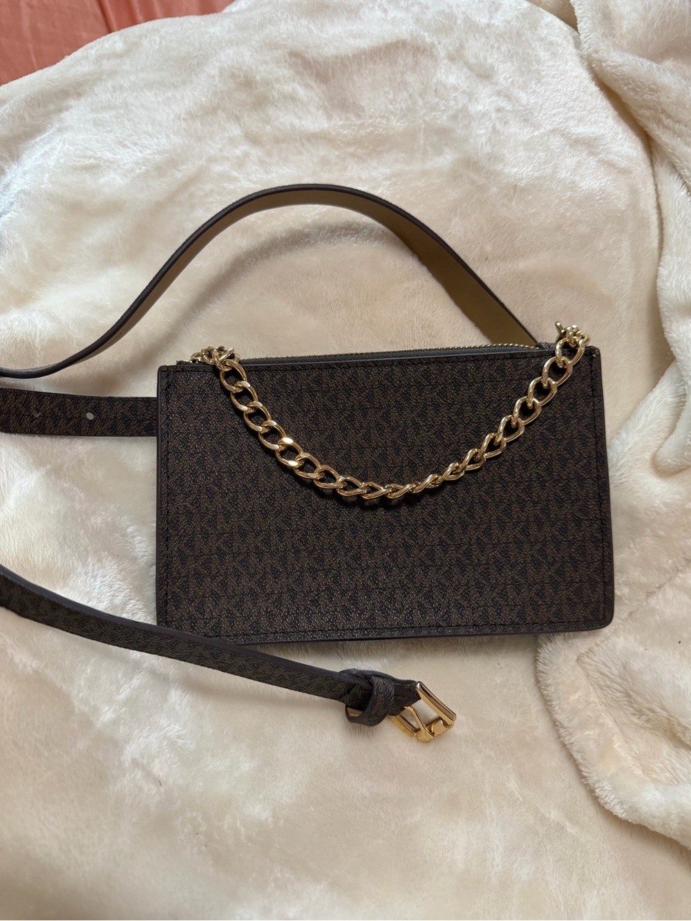 Michael Kors Dark Brown Repeating Logo Crossbody with Gold Chain